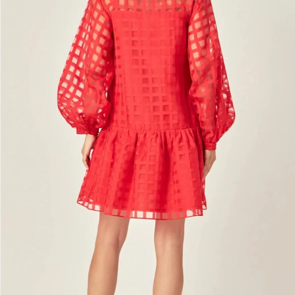 English Factory Sheer Red Organza Long Sleeve Checkered Dress - Size S - Picture 2 of 7